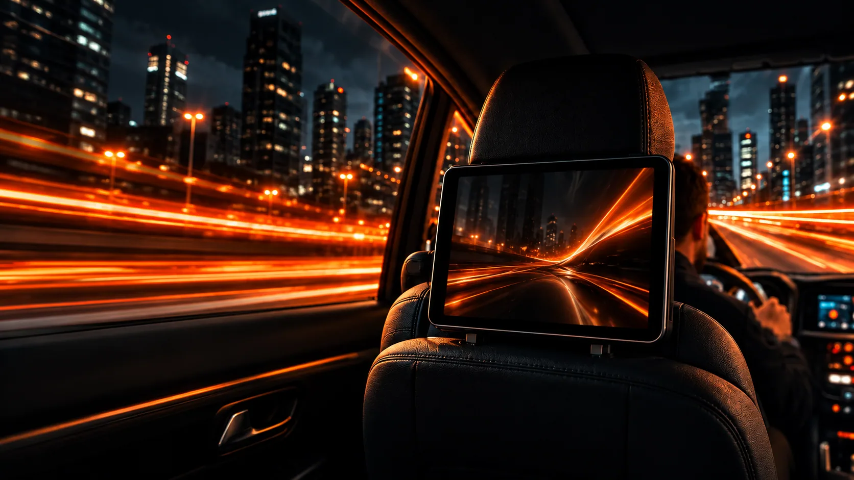 Vista interna de um carro à noite com tablet no encosto do banco e cidade iluminada ao fundo