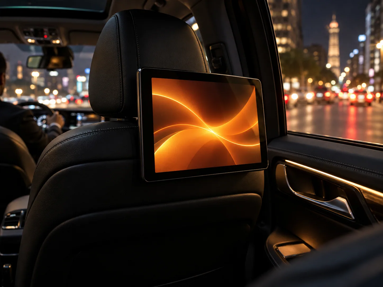 Tablet instalado no encosto dianteiro de um carro moderno durante viagem noturna